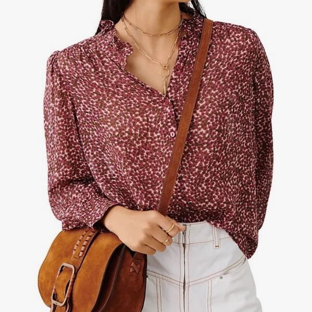 Ba&sh Pabi Printed Ruffle Neck Button-Front Blouse in Framboise, size 0 (XS)